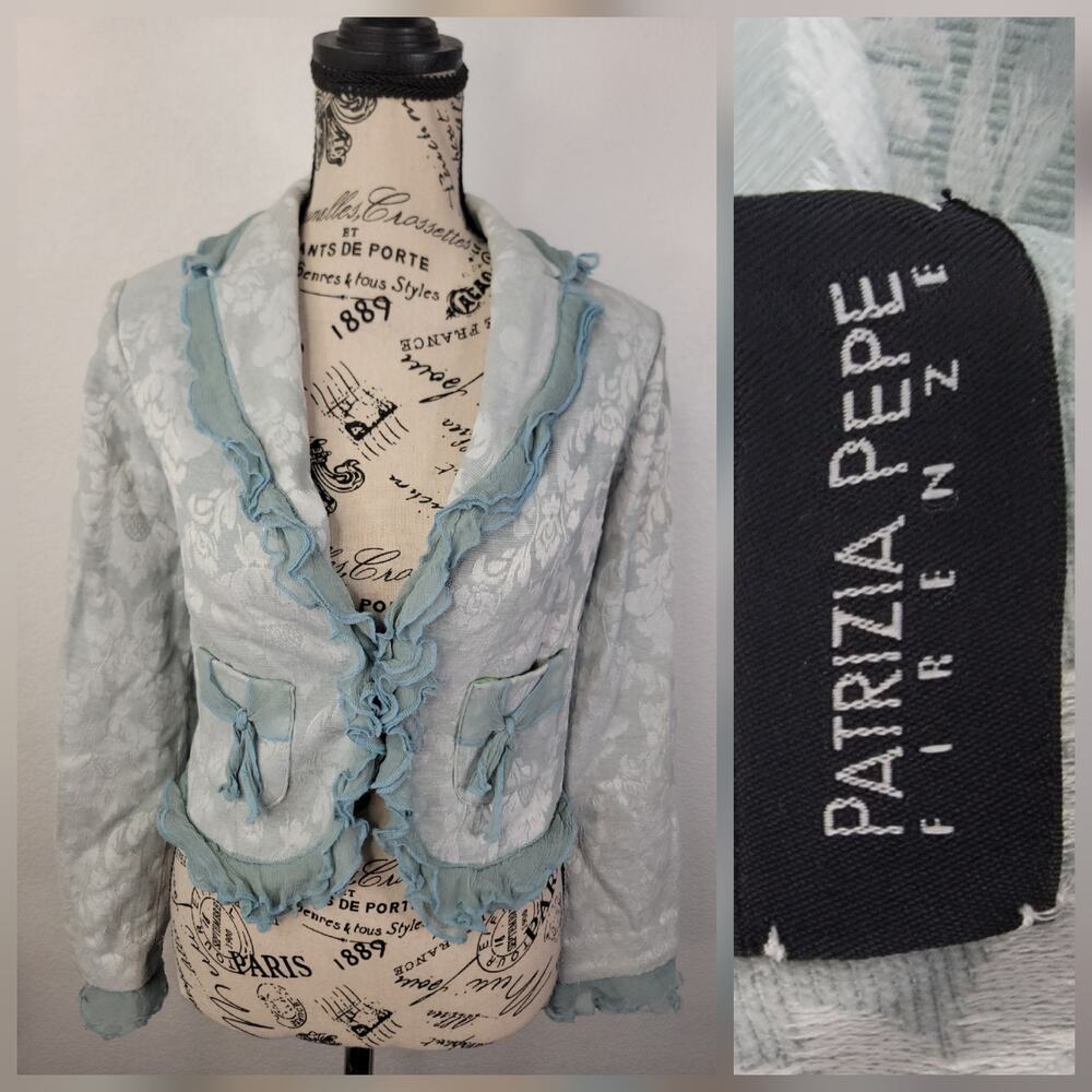 Patrizia Pepe Jacket SZ S Jacquard Ruffle Trim Fitted Crop Blazer Romantic